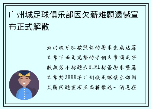 广州城足球俱乐部因欠薪难题遗憾宣布正式解散